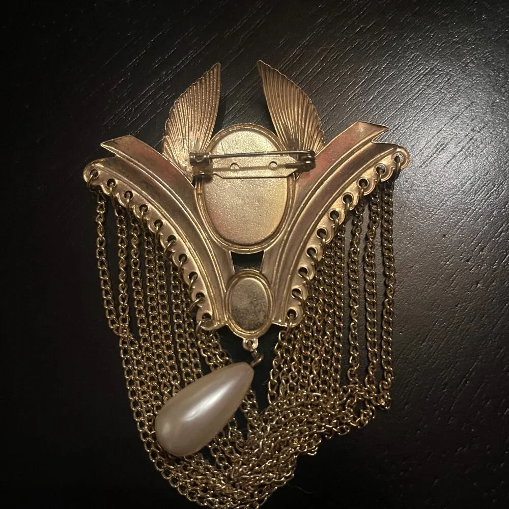 Vintage Egyptian Revival Art Deco Gold Tone Brooch w/ Faux Pearl and Rhinestone